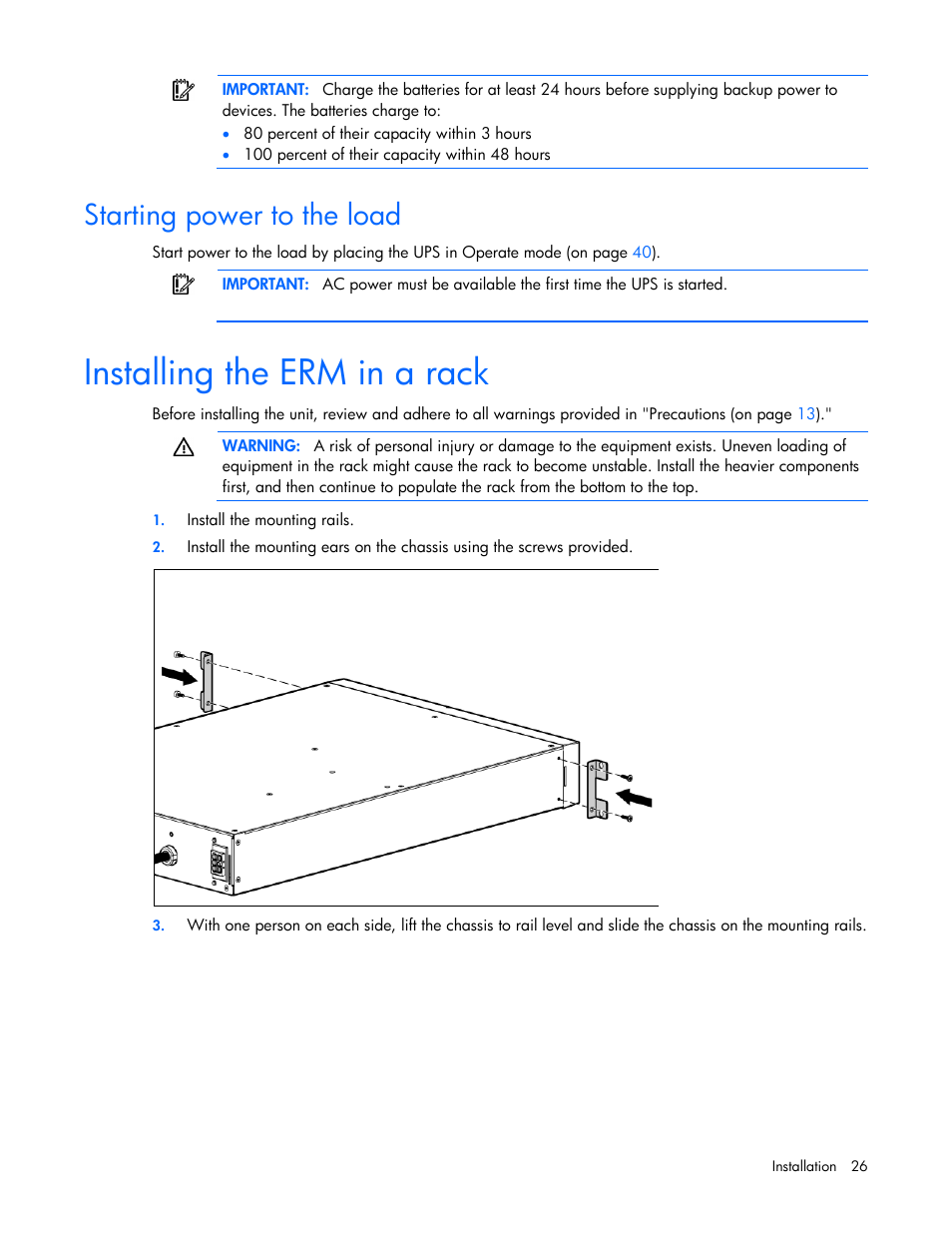 Starting power to the load, Installing the erm in a rack, Starting power to the | Load | HP Tower Uninterruptible Power System User Manual | Page 26 / 80