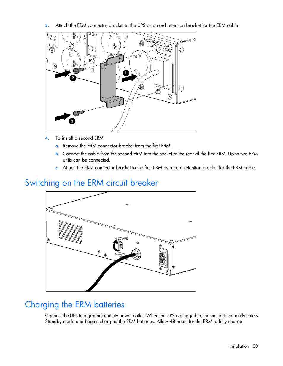 Switching on the erm circuit breaker, Charging the erm batteries | HP Tower Uninterruptible Power System User Manual | Page 30 / 80