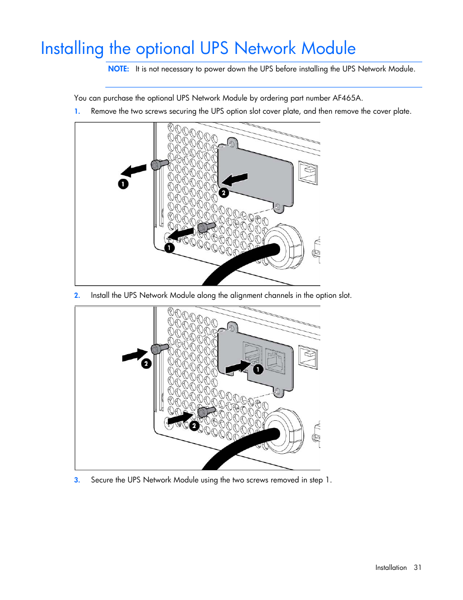 Installing the optional ups network module | HP Tower Uninterruptible Power System User Manual | Page 31 / 80