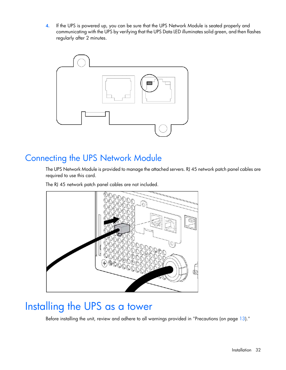 Connecting the ups network module, Installing the ups as a tower | HP Tower Uninterruptible Power System User Manual | Page 32 / 80