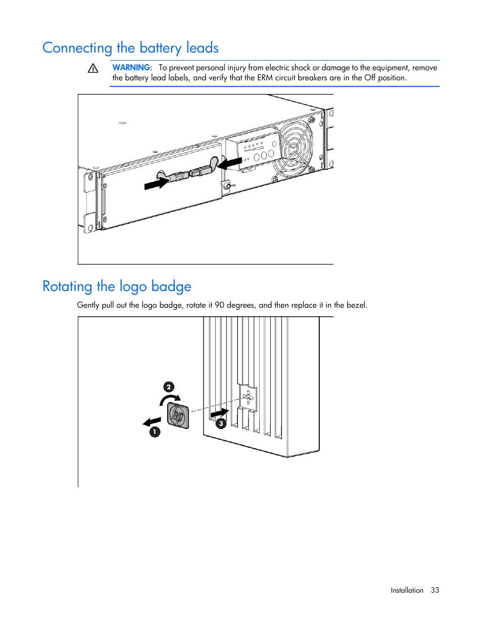 Connecting the battery leads, Rotating the logo badge | HP Tower Uninterruptible Power System User Manual | Page 33 / 80