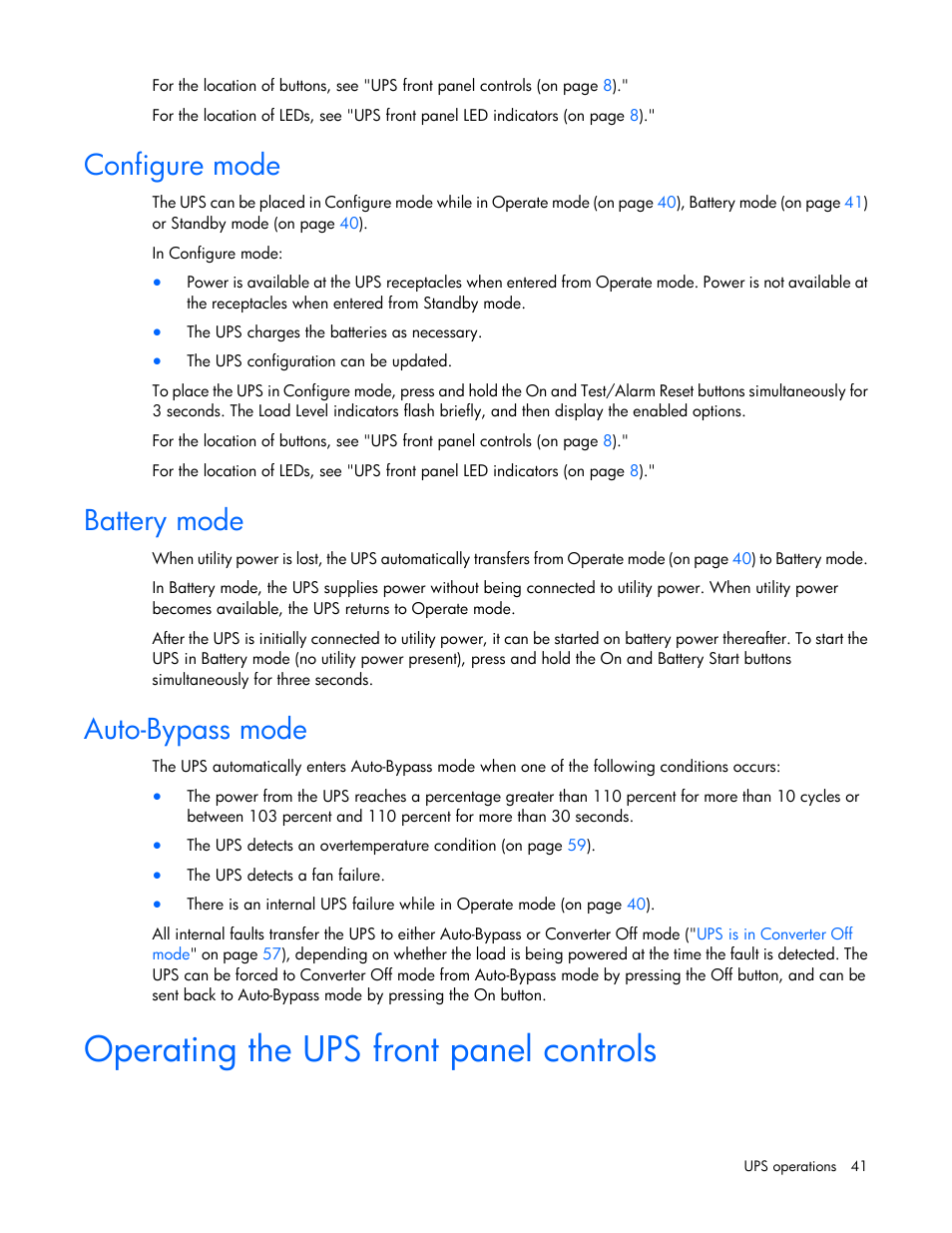 Configure mode, Battery mode, Auto-bypass mode | Operating the ups front panel controls | HP Tower Uninterruptible Power System User Manual | Page 41 / 80