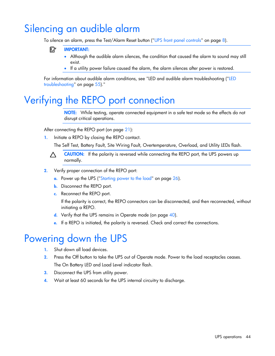 Silencing an audible alarm, Verifying the repo port connection, Powering down the ups | Silencing an audible, Alarm | HP Tower Uninterruptible Power System User Manual | Page 44 / 80