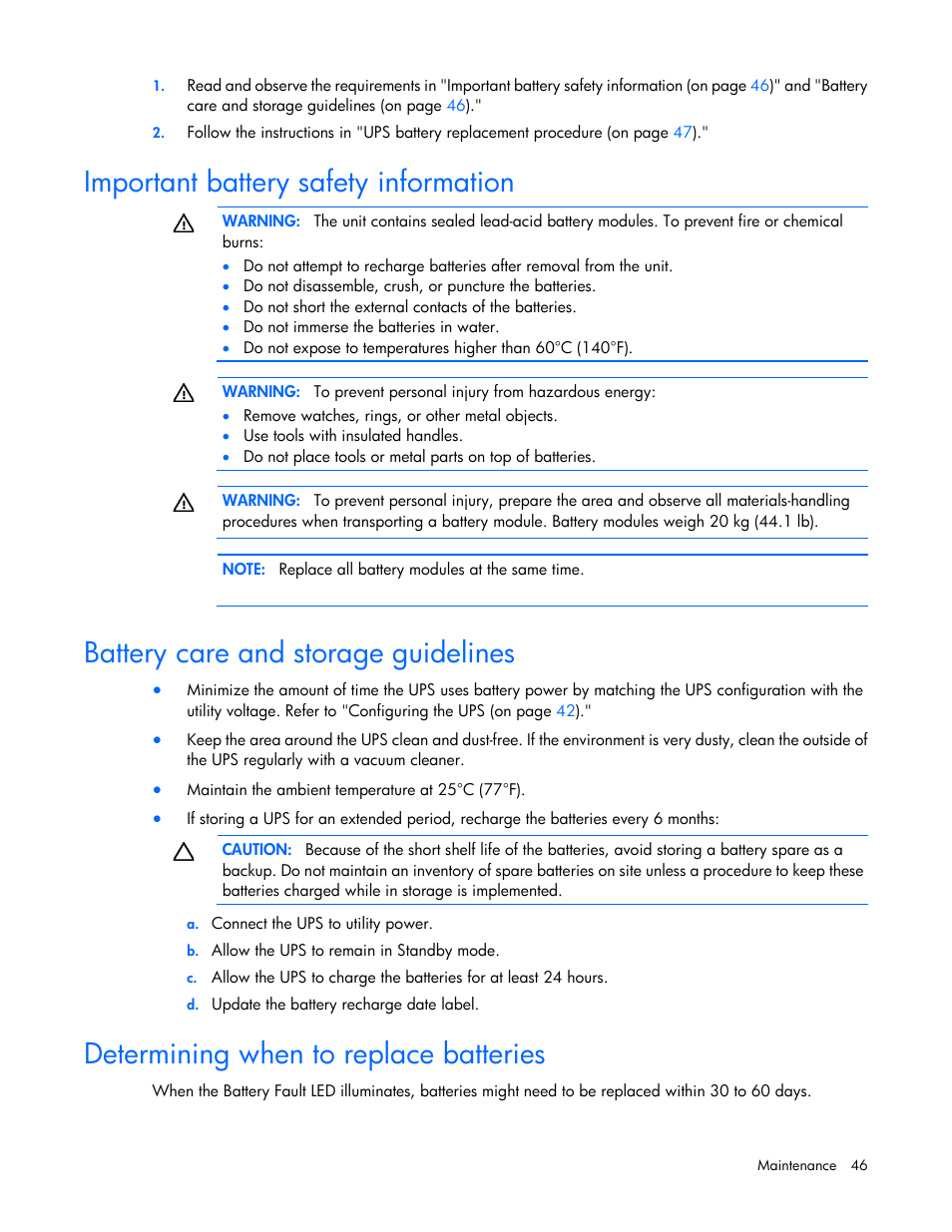 Important battery safety information, Battery care and storage guidelines, Determining when to replace batteries | HP Tower Uninterruptible Power System User Manual | Page 46 / 80