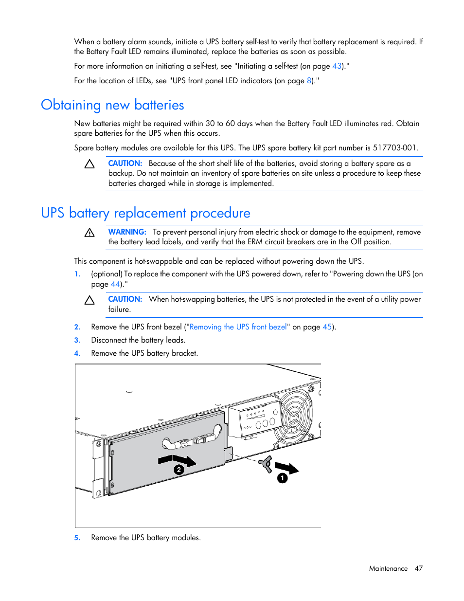 Obtaining new batteries, Ups battery replacement procedure | HP Tower Uninterruptible Power System User Manual | Page 47 / 80