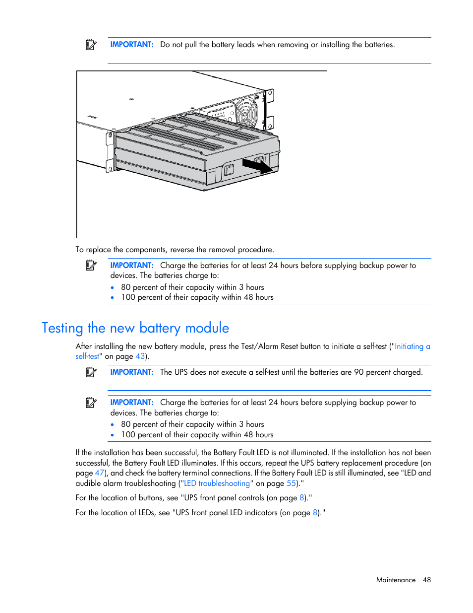 Testing the new battery module | HP Tower Uninterruptible Power System User Manual | Page 48 / 80