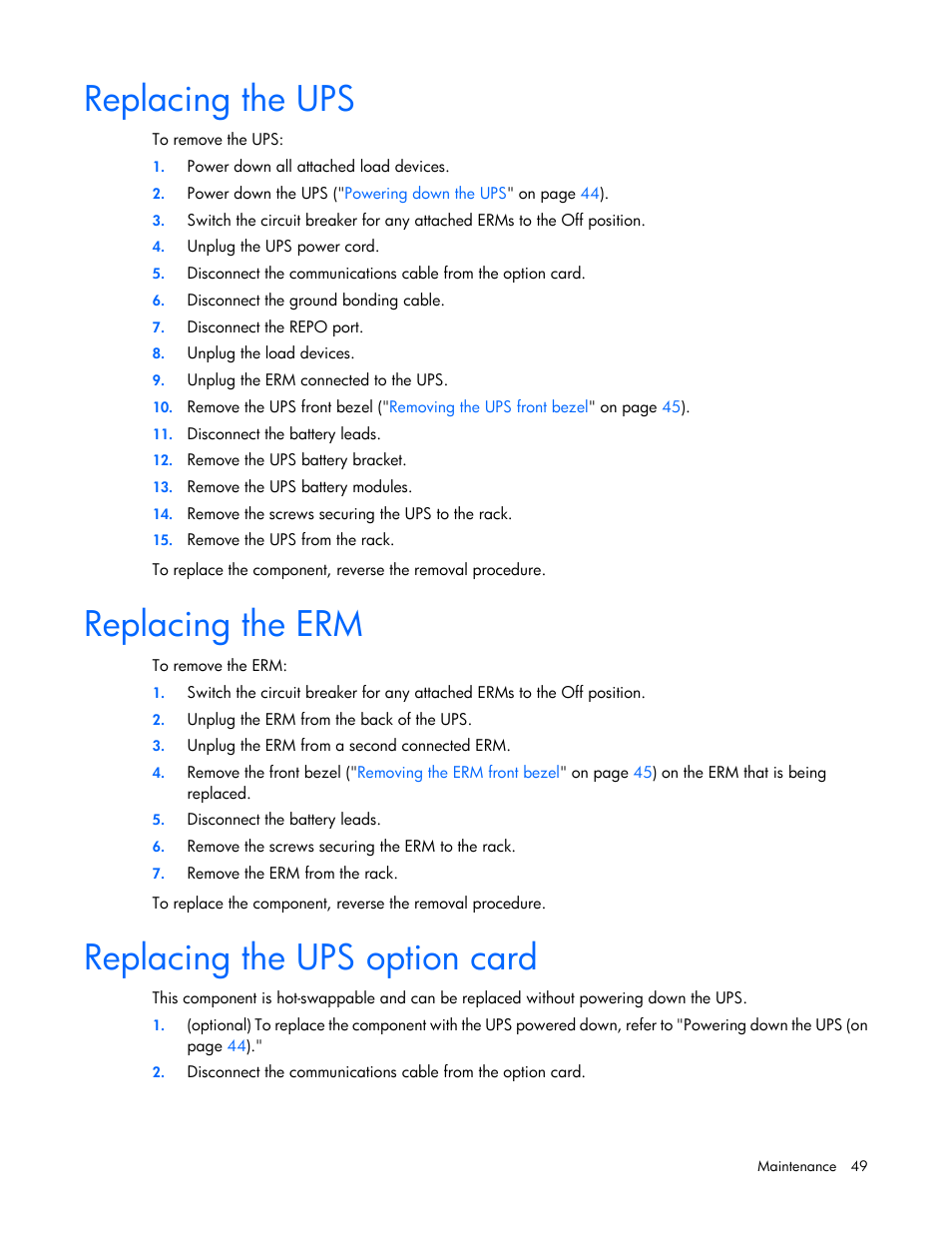 Replacing the ups, Replacing the erm, Replacing the ups option card | HP Tower Uninterruptible Power System User Manual | Page 49 / 80