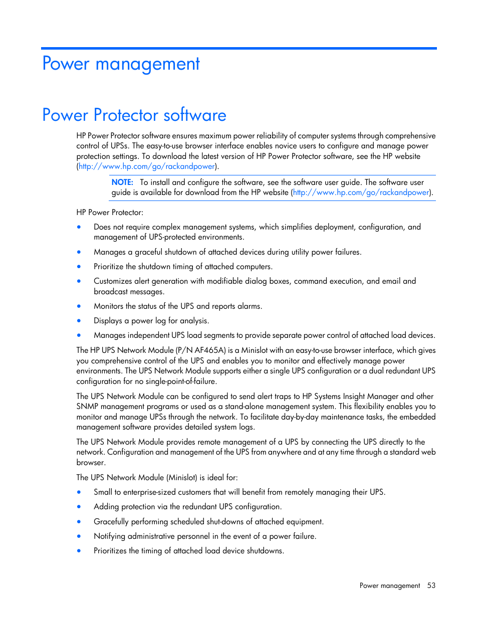 Power management, Power protector software | HP Tower Uninterruptible Power System User Manual | Page 53 / 80