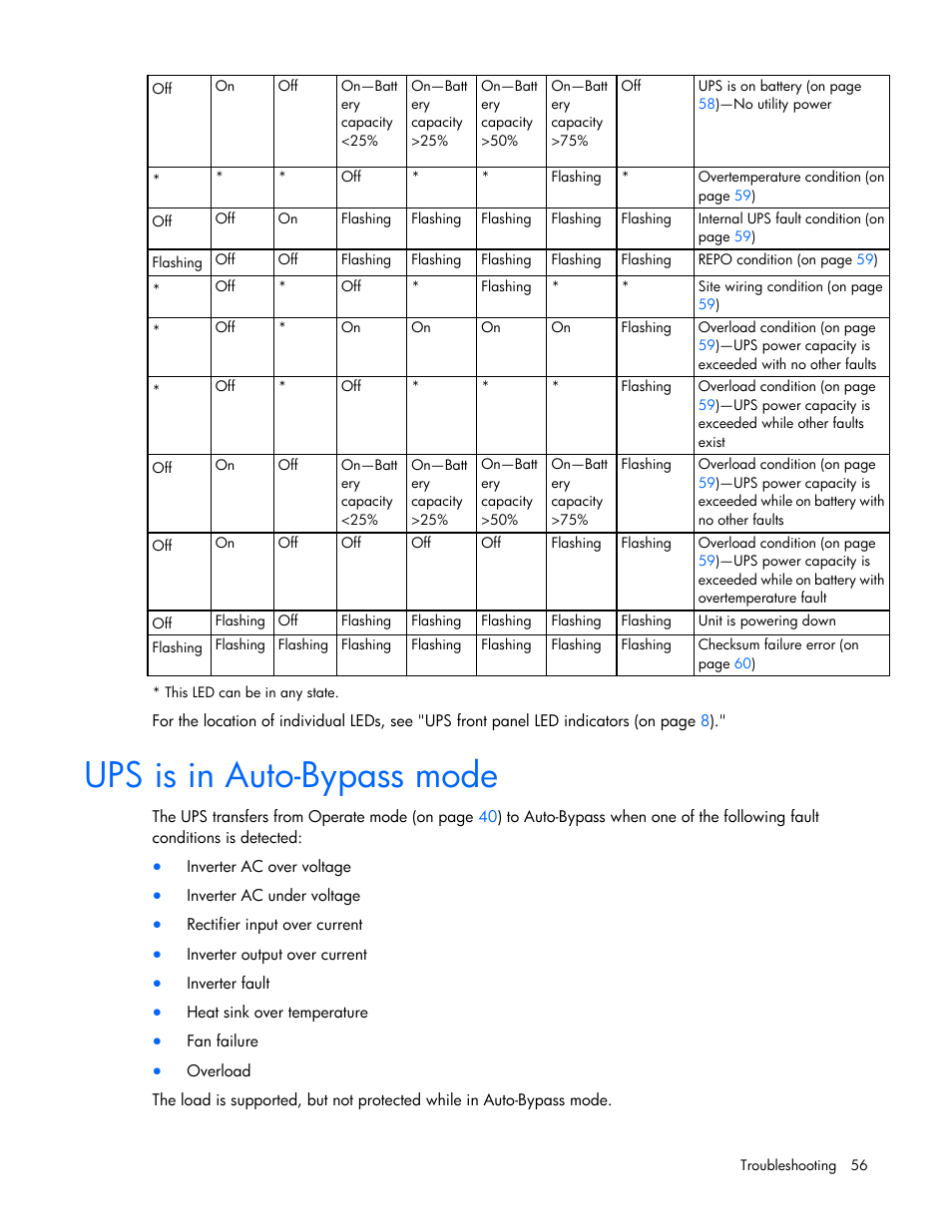 Ups is in auto-bypass mode | HP Tower Uninterruptible Power System User Manual | Page 56 / 80