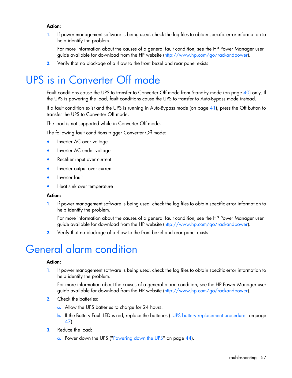 Ups is in converter off mode, General alarm condition, Ups is in converter off | Mode | HP Tower Uninterruptible Power System User Manual | Page 57 / 80