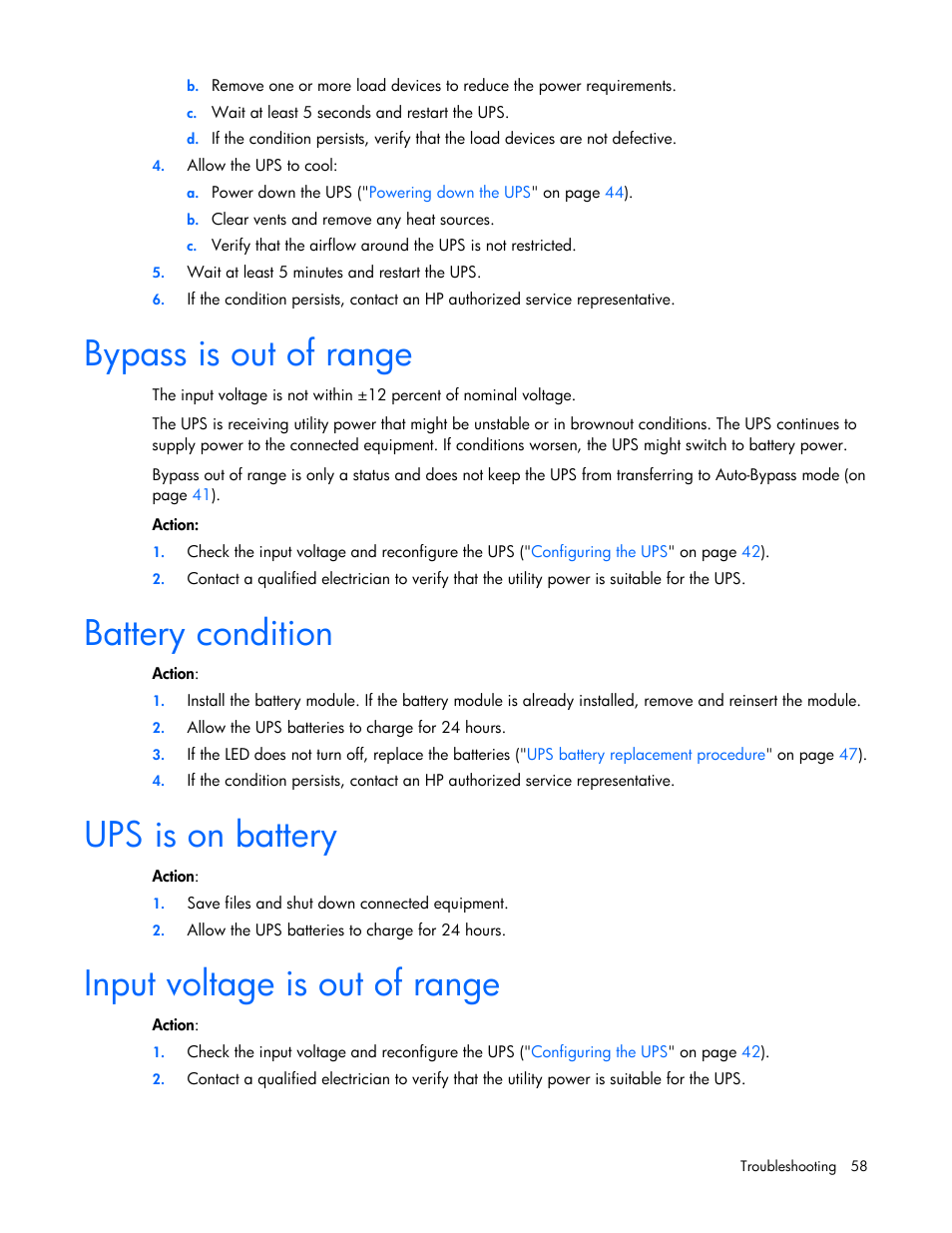 Bypass is out of range, Battery condition, Ups is on battery | Input voltage is out of range | HP Tower Uninterruptible Power System User Manual | Page 58 / 80
