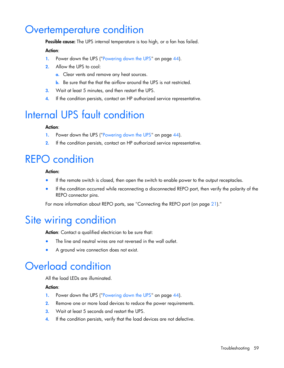 Overtemperature condition, Internal ups fault condition, Repo condition | Site wiring condition, Overload condition | HP Tower Uninterruptible Power System User Manual | Page 59 / 80