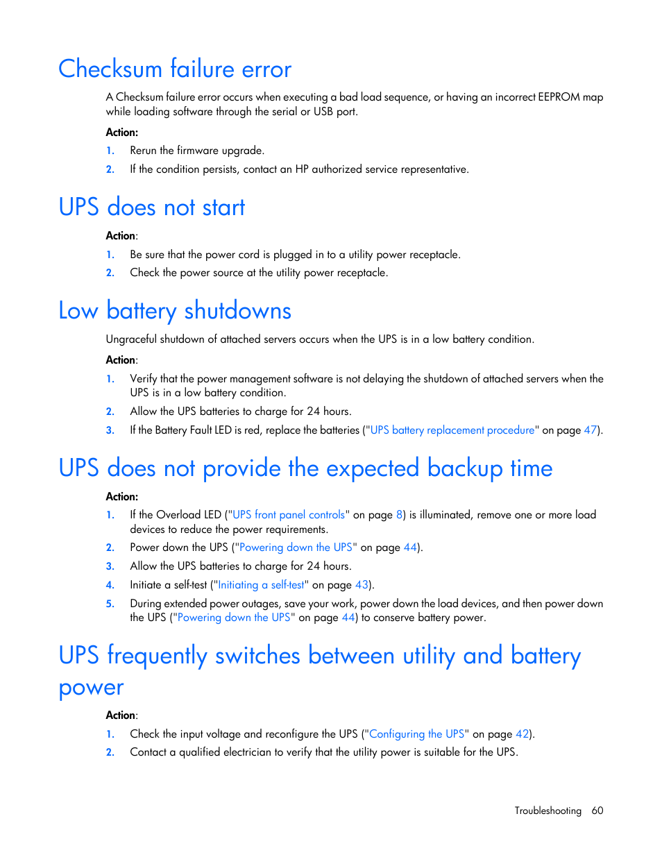 Checksum failure error, Ups does not start, Low battery shutdowns | Ups does not provide the expected backup time | HP Tower Uninterruptible Power System User Manual | Page 60 / 80
