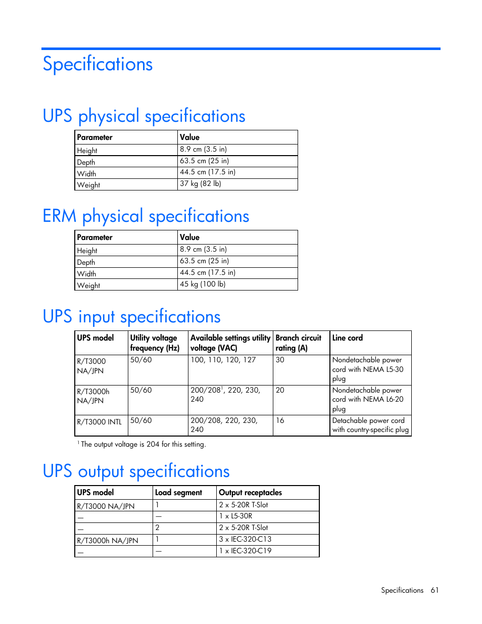 Specifications, Ups physical specifications, Erm physical specifications | Ups input specifications, Ups output specifications | HP Tower Uninterruptible Power System User Manual | Page 61 / 80