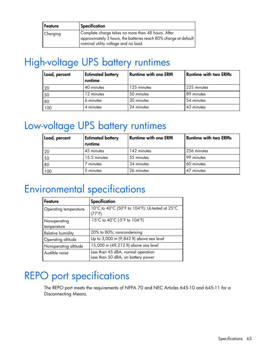 High-voltage ups battery runtimes, Low-voltage ups battery runtimes, Environmental specifications | Repo port specifications | HP Tower Uninterruptible Power System User Manual | Page 63 / 80