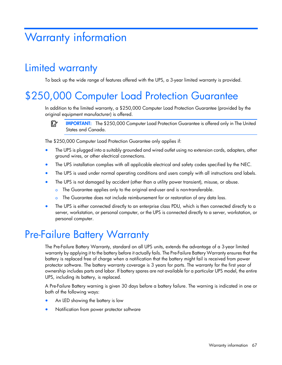 Warranty information, Limited warranty, 250,000 computer load protection guarantee | Pre-failure battery warranty | HP Tower Uninterruptible Power System User Manual | Page 67 / 80