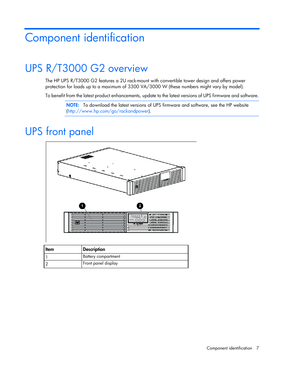 Component identification, Ups r/t3000 g2 overview, Ups front panel | HP Tower Uninterruptible Power System User Manual | Page 7 / 80