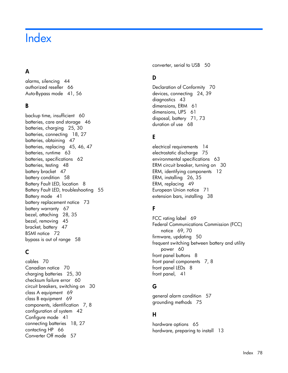 Index | HP Tower Uninterruptible Power System User Manual | Page 78 / 80