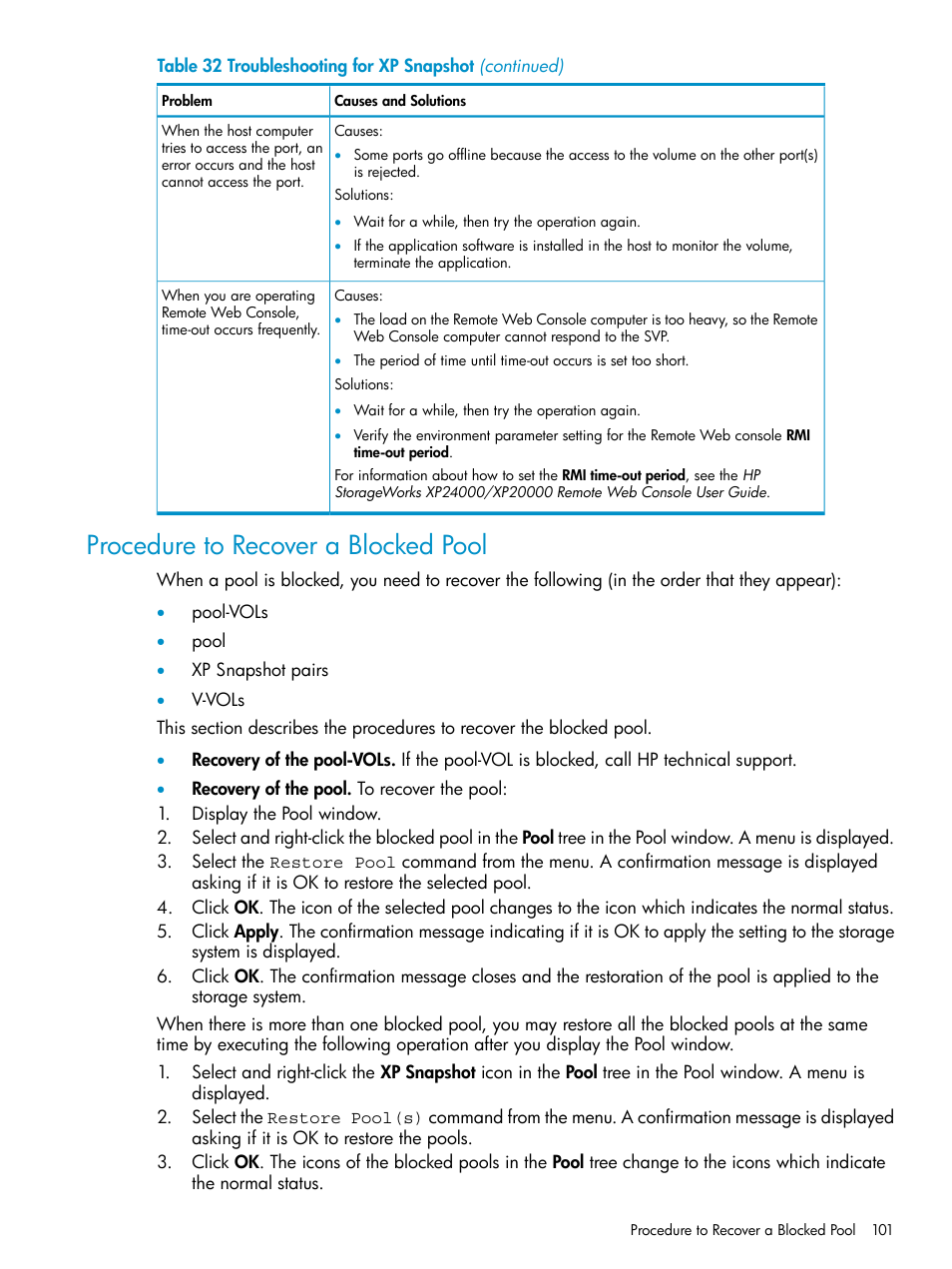 Procedure to recover a blocked pool, Procedure to recover | HP StorageWorks XP Remote Web Console Software User Manual | Page 101 / 122