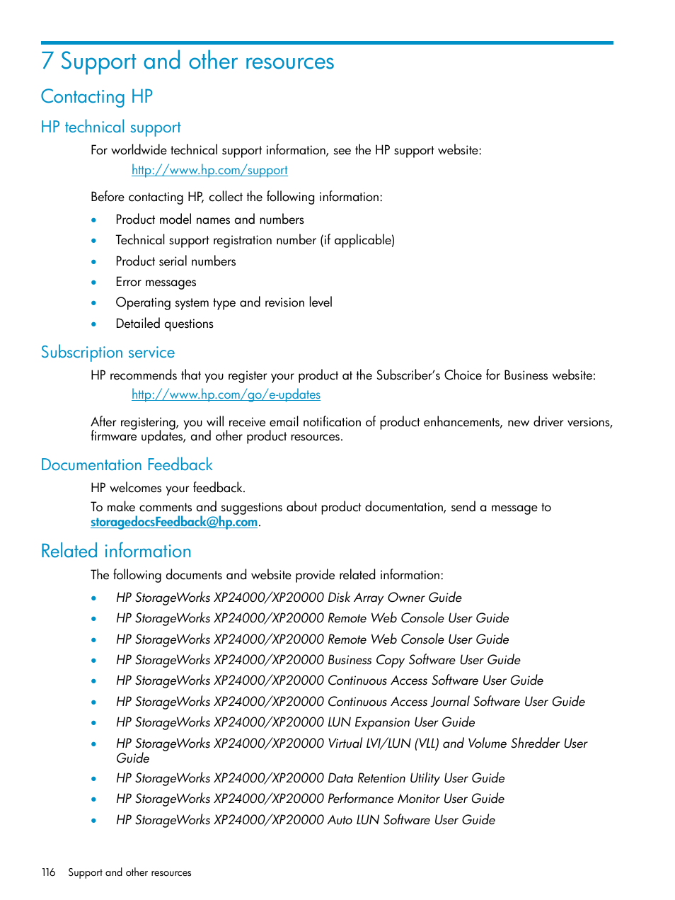 7 support and other resources, Contacting hp, Hp technical support | Subscription service, Documentation feedback, Related information, Subscription service documentation feedback | HP StorageWorks XP Remote Web Console Software User Manual | Page 116 / 122