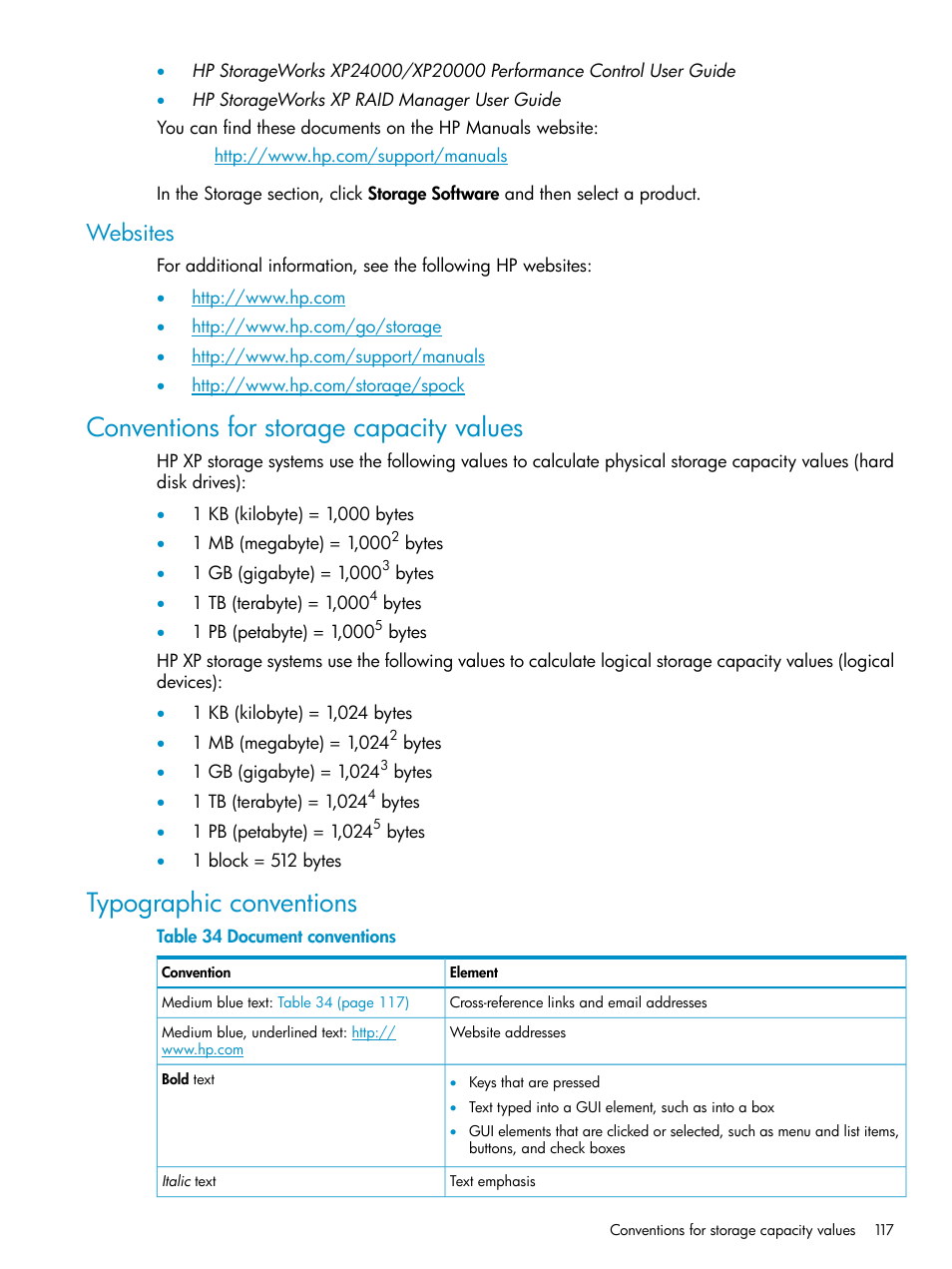 Websites, Conventions for storage capacity values, Typographic conventions | HP StorageWorks XP Remote Web Console Software User Manual | Page 117 / 122