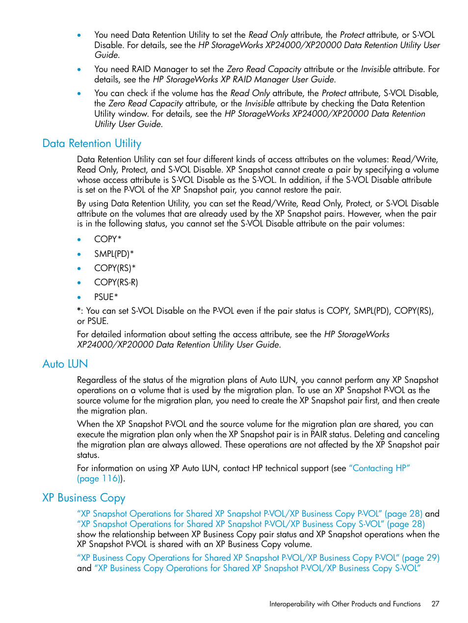 Data retention utility, Auto lun, Xp business copy | Data retention utility auto lun xp business copy | HP StorageWorks XP Remote Web Console Software User Manual | Page 27 / 122