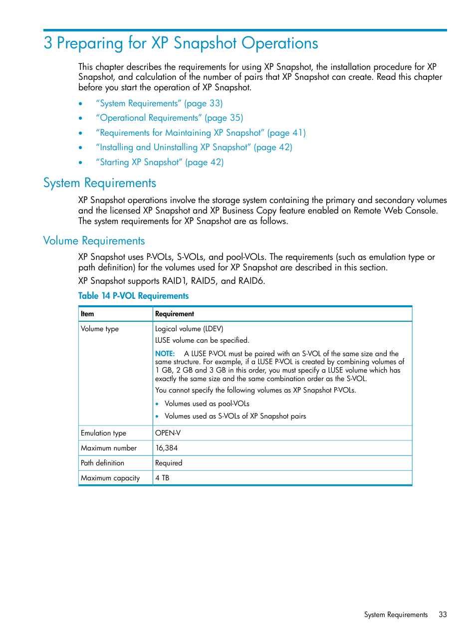 3 preparing for xp snapshot operations, System requirements, Volume requirements | HP StorageWorks XP Remote Web Console Software User Manual | Page 33 / 122