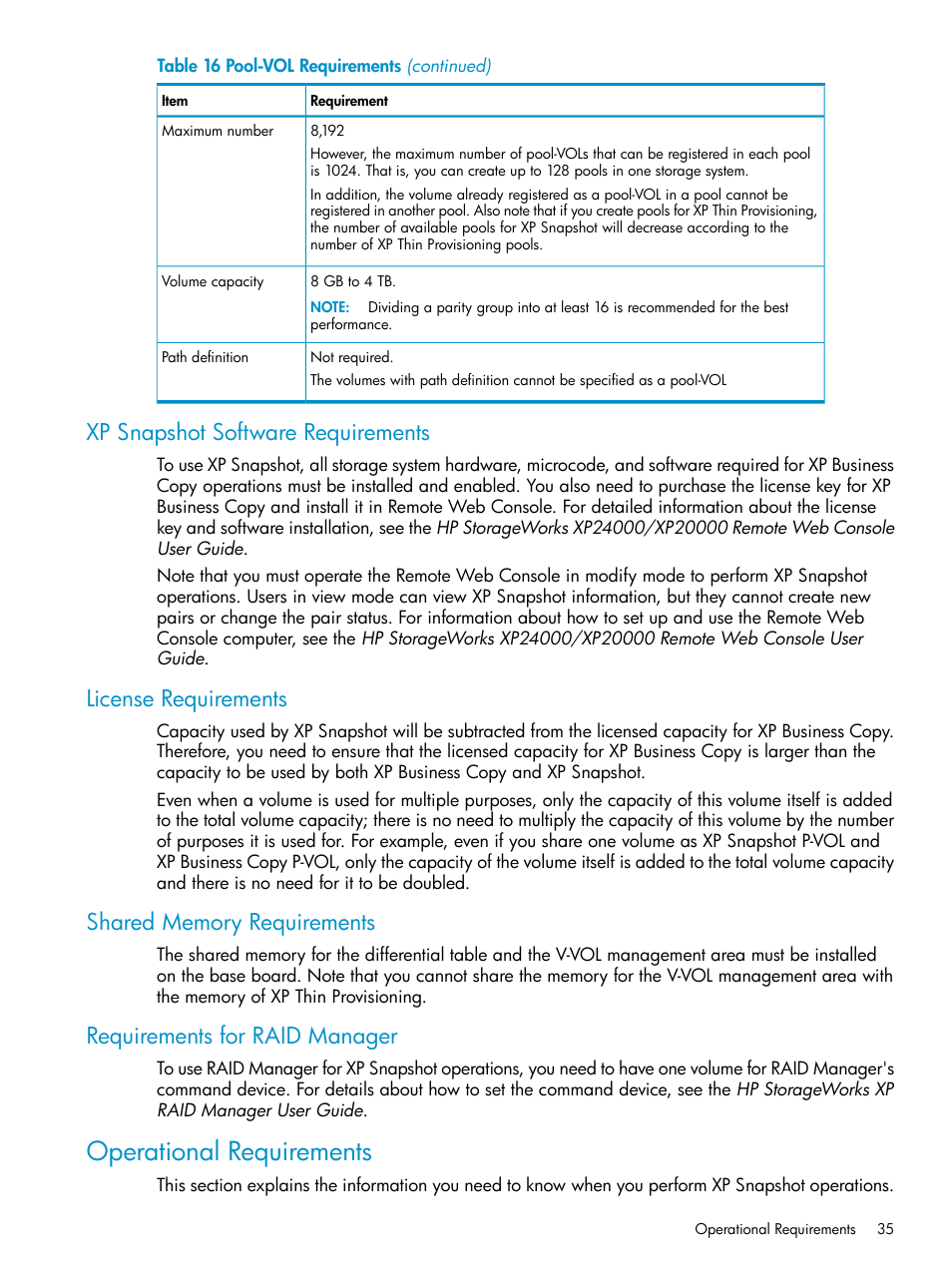 Xp snapshot software requirements, License requirements, Shared memory requirements | Requirements for raid manager, Operational requirements | HP StorageWorks XP Remote Web Console Software User Manual | Page 35 / 122