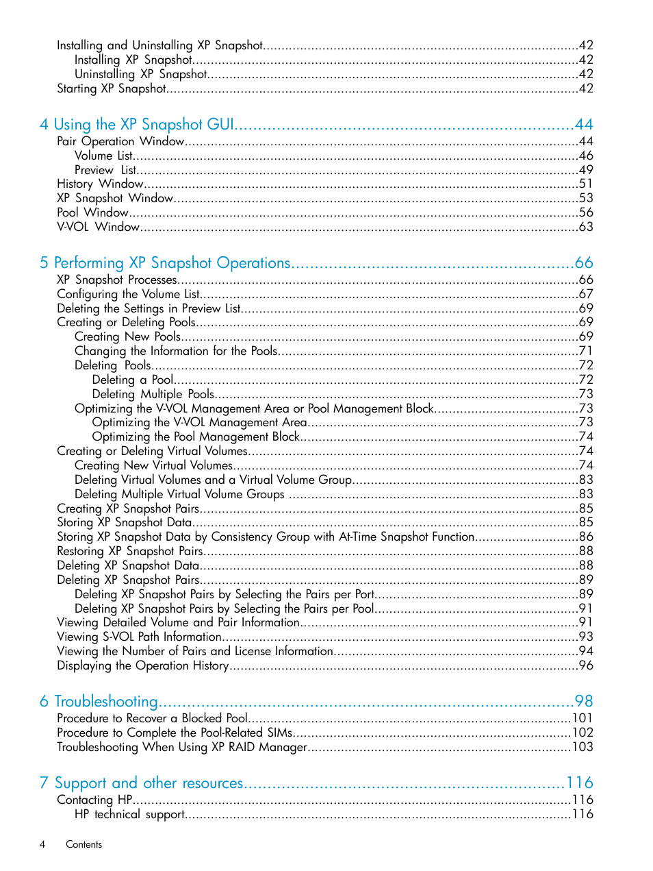 4 using the xp snapshot gui, 5 performing xp snapshot operations, 6 troubleshooting | 7 support and other resources | HP StorageWorks XP Remote Web Console Software User Manual | Page 4 / 122