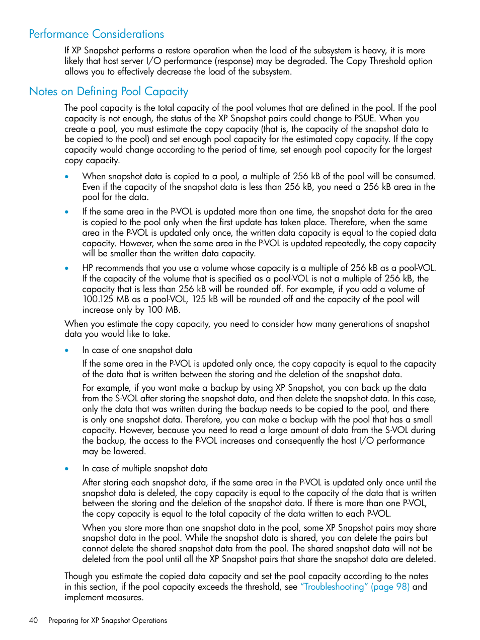 Performance considerations, Notes on defining pool capacity | HP StorageWorks XP Remote Web Console Software User Manual | Page 40 / 122