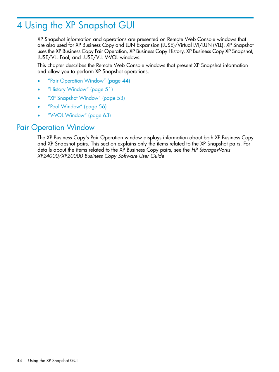 4 using the xp snapshot gui, Pair operation window | HP StorageWorks XP Remote Web Console Software User Manual | Page 44 / 122