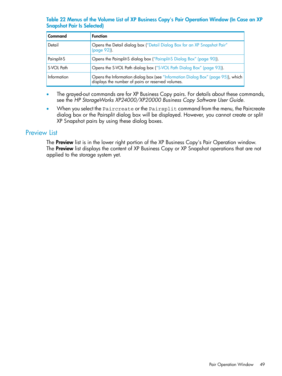 Preview list, Menus of the volume list of xp | HP StorageWorks XP Remote Web Console Software User Manual | Page 49 / 122