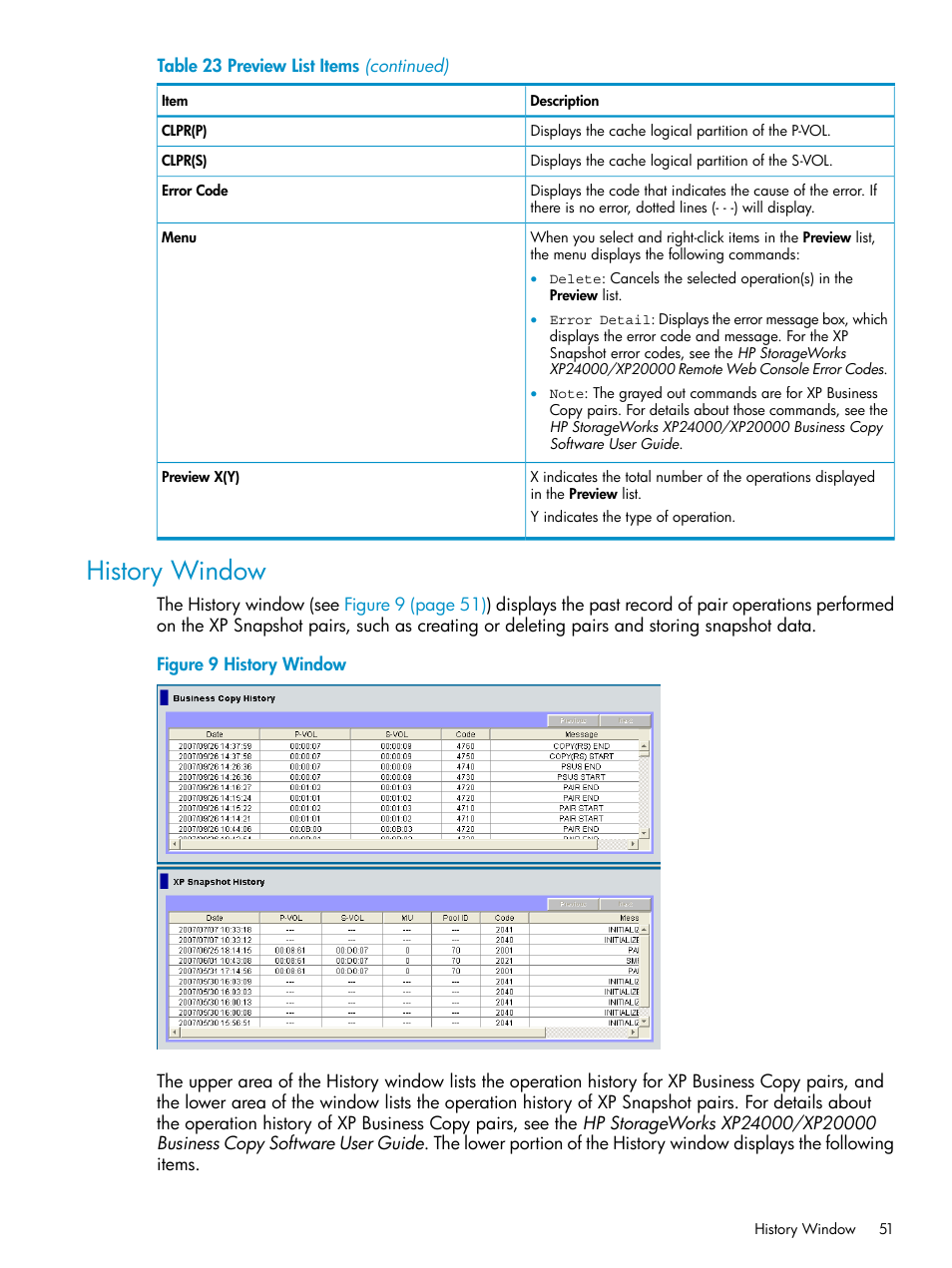 History window | HP StorageWorks XP Remote Web Console Software User Manual | Page 51 / 122