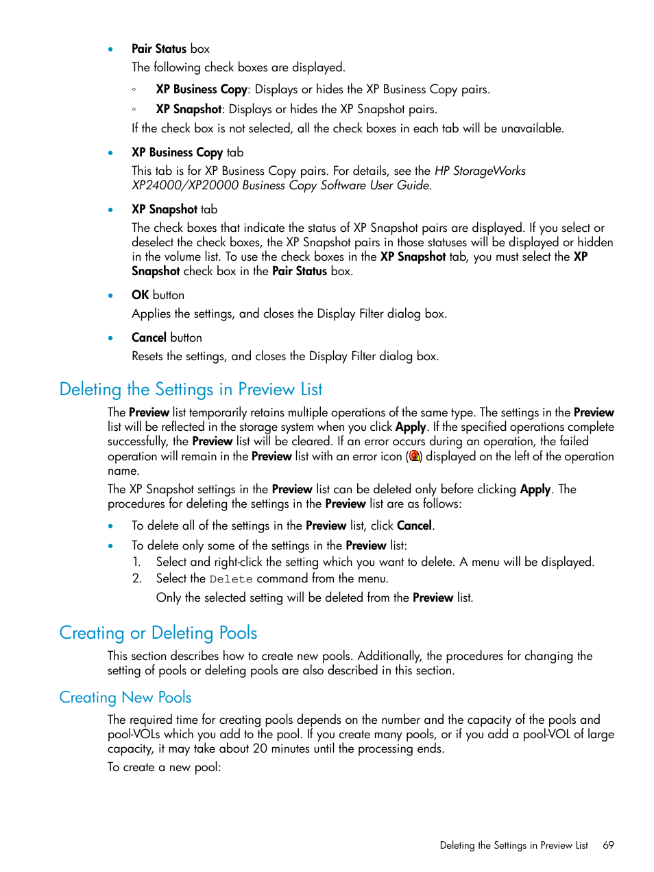 Deleting the settings in preview list, Creating or deleting pools, Creating new pools | HP StorageWorks XP Remote Web Console Software User Manual | Page 69 / 122