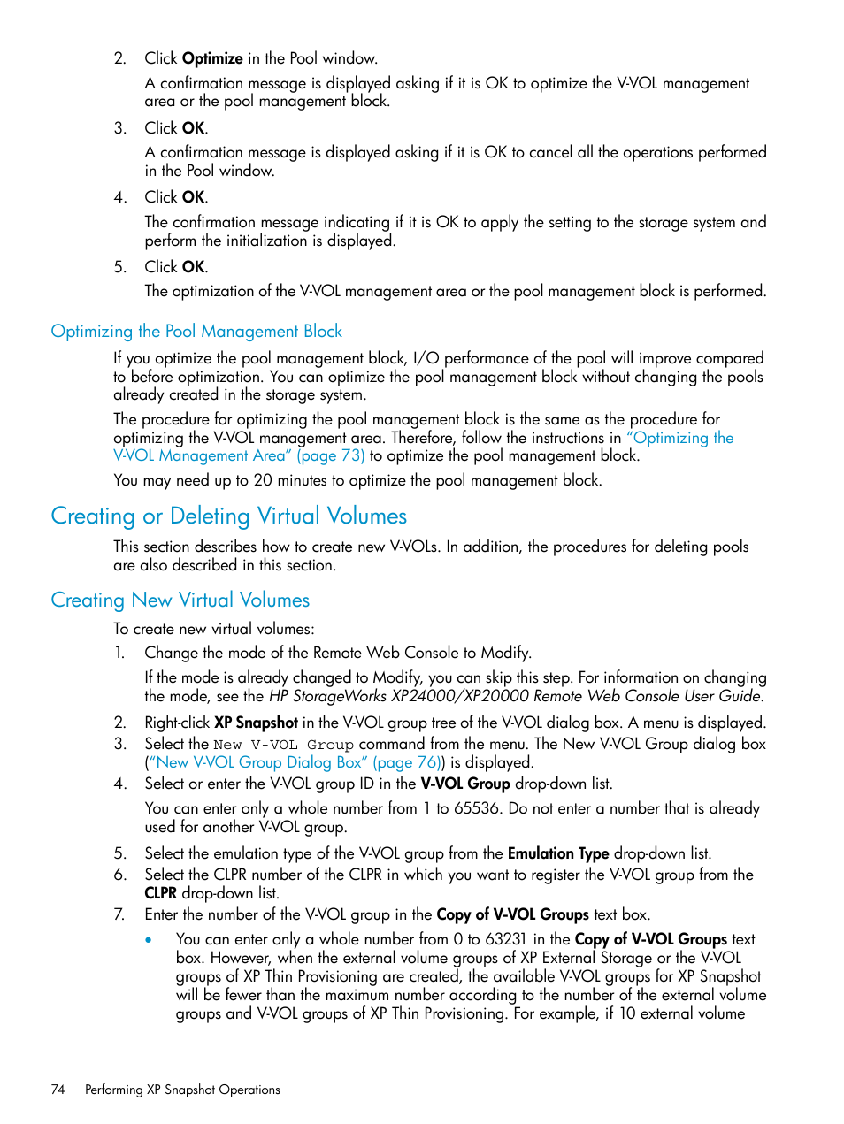 Optimizing the pool management block, Creating or deleting virtual volumes, Creating new virtual volumes | HP StorageWorks XP Remote Web Console Software User Manual | Page 74 / 122