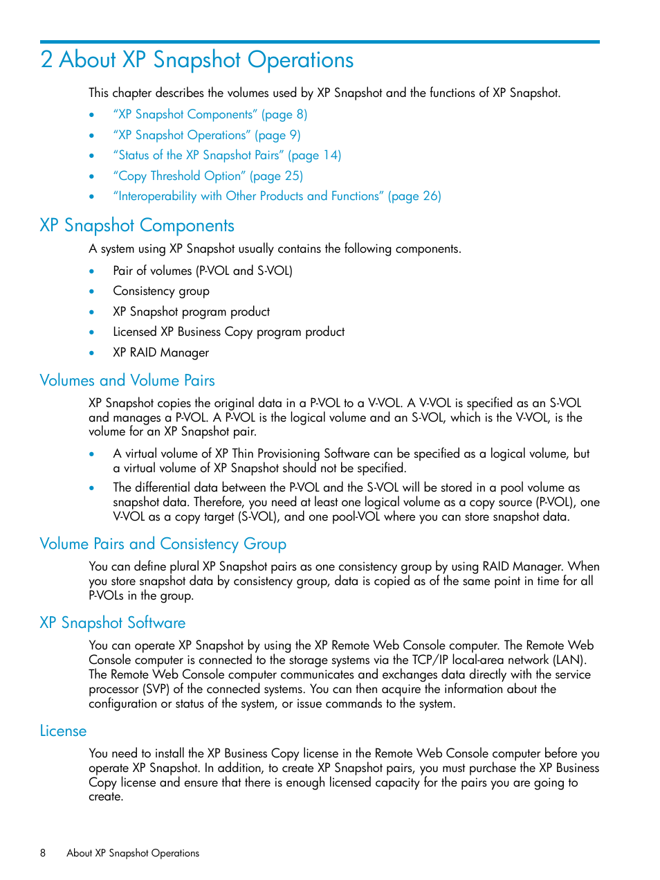 2 about xp snapshot operations, Xp snapshot components, Volumes and volume pairs | Volume pairs and consistency group, Xp snapshot software, License | HP StorageWorks XP Remote Web Console Software User Manual | Page 8 / 122