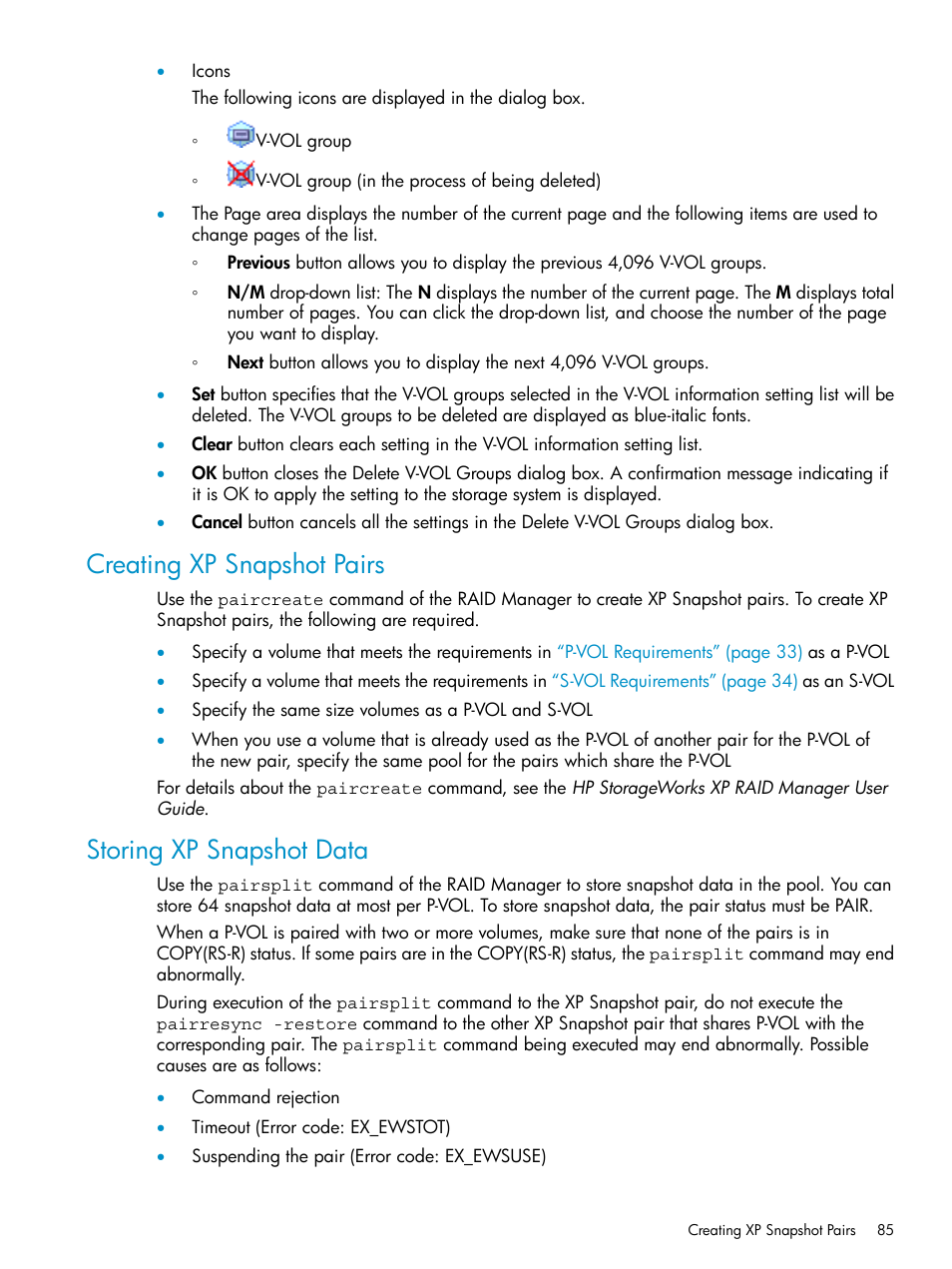 Creating xp snapshot pairs, Storing xp snapshot data | HP StorageWorks XP Remote Web Console Software User Manual | Page 85 / 122