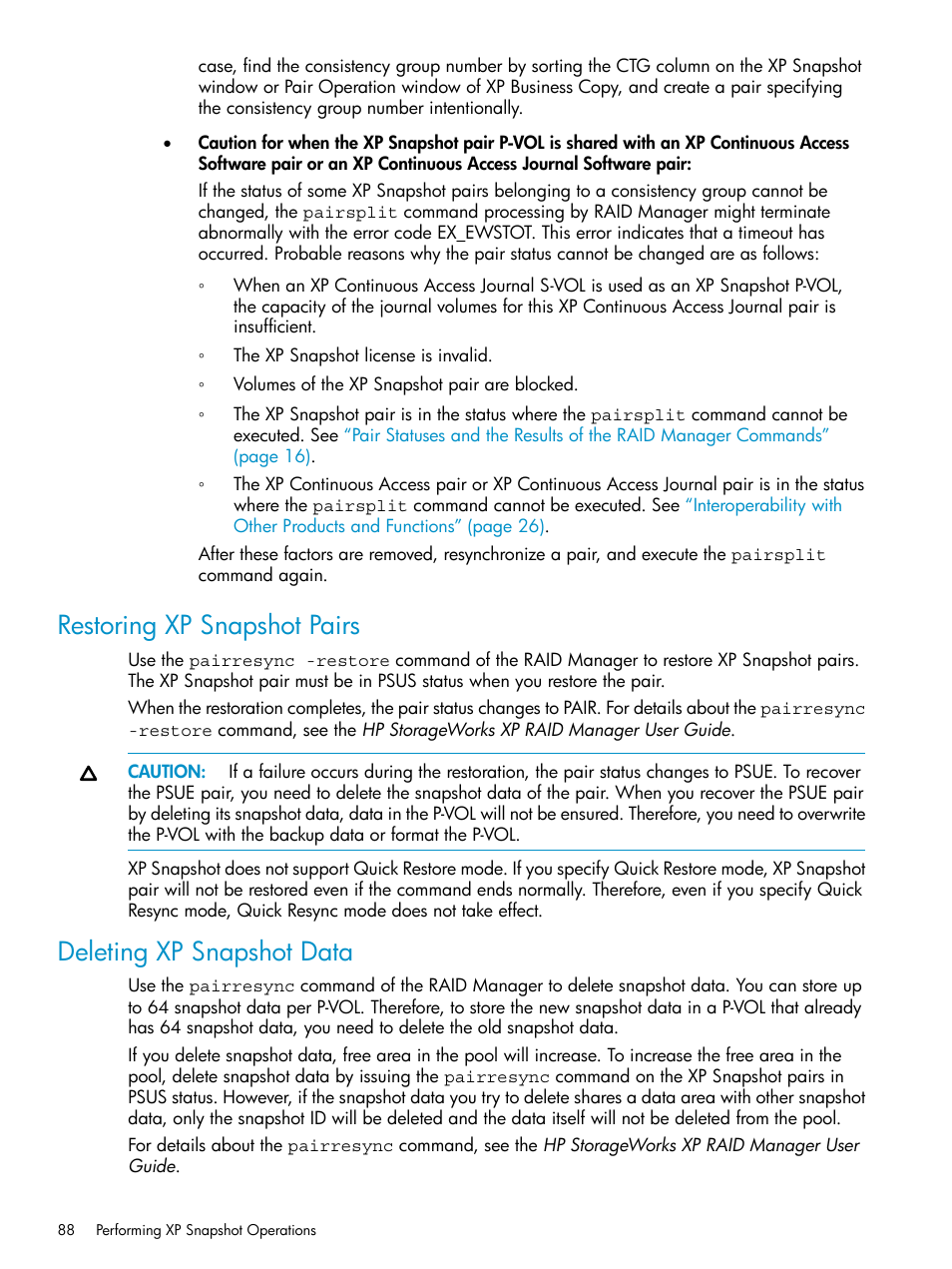 Restoring xp snapshot pairs, Deleting xp snapshot data | HP StorageWorks XP Remote Web Console Software User Manual | Page 88 / 122