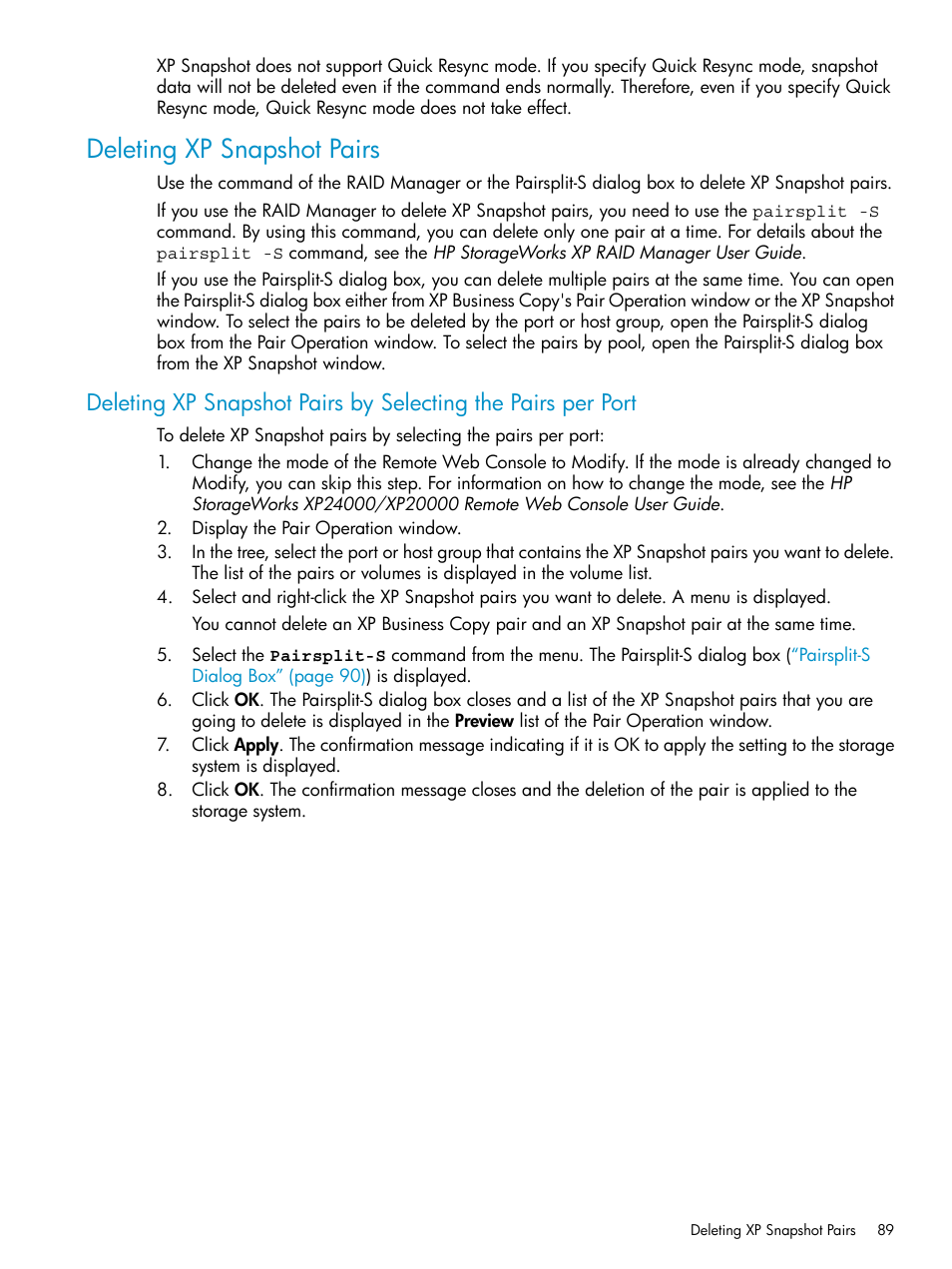 Deleting xp snapshot pairs | HP StorageWorks XP Remote Web Console Software User Manual | Page 89 / 122