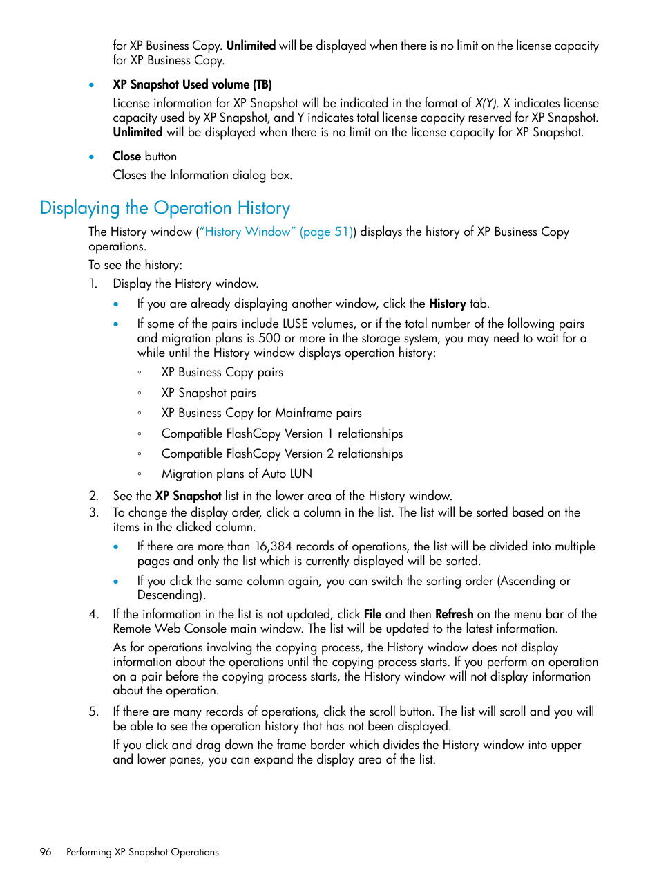 Displaying the operation history | HP StorageWorks XP Remote Web Console Software User Manual | Page 96 / 122