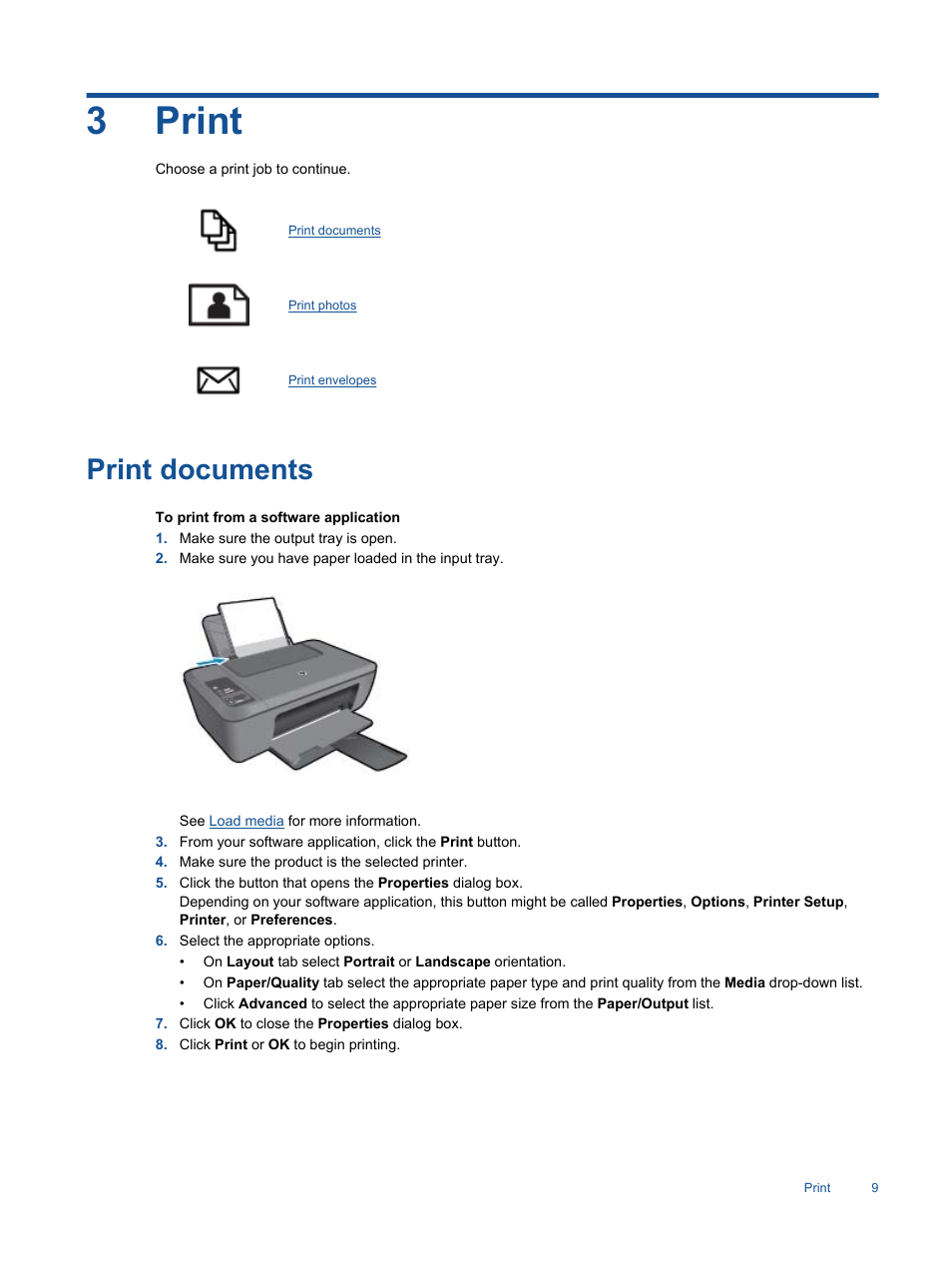 Print, Print documents, 3 print | 3print | HP Deskjet 2514 All-in-One Printer User Manual | Page 11 / 52