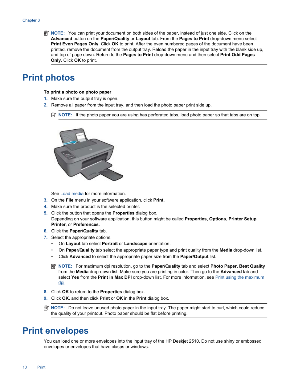 Print photos, Print envelopes, Print photos print envelopes | HP Deskjet 2514 All-in-One Printer User Manual | Page 12 / 52