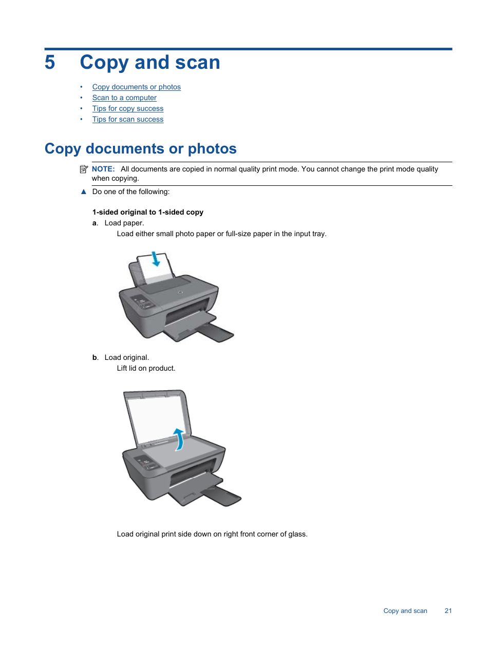 Copy and scan, Copy documents or photos, 5 copy and scan | 5copy and scan | HP Deskjet 2514 All-in-One Printer User Manual | Page 23 / 52