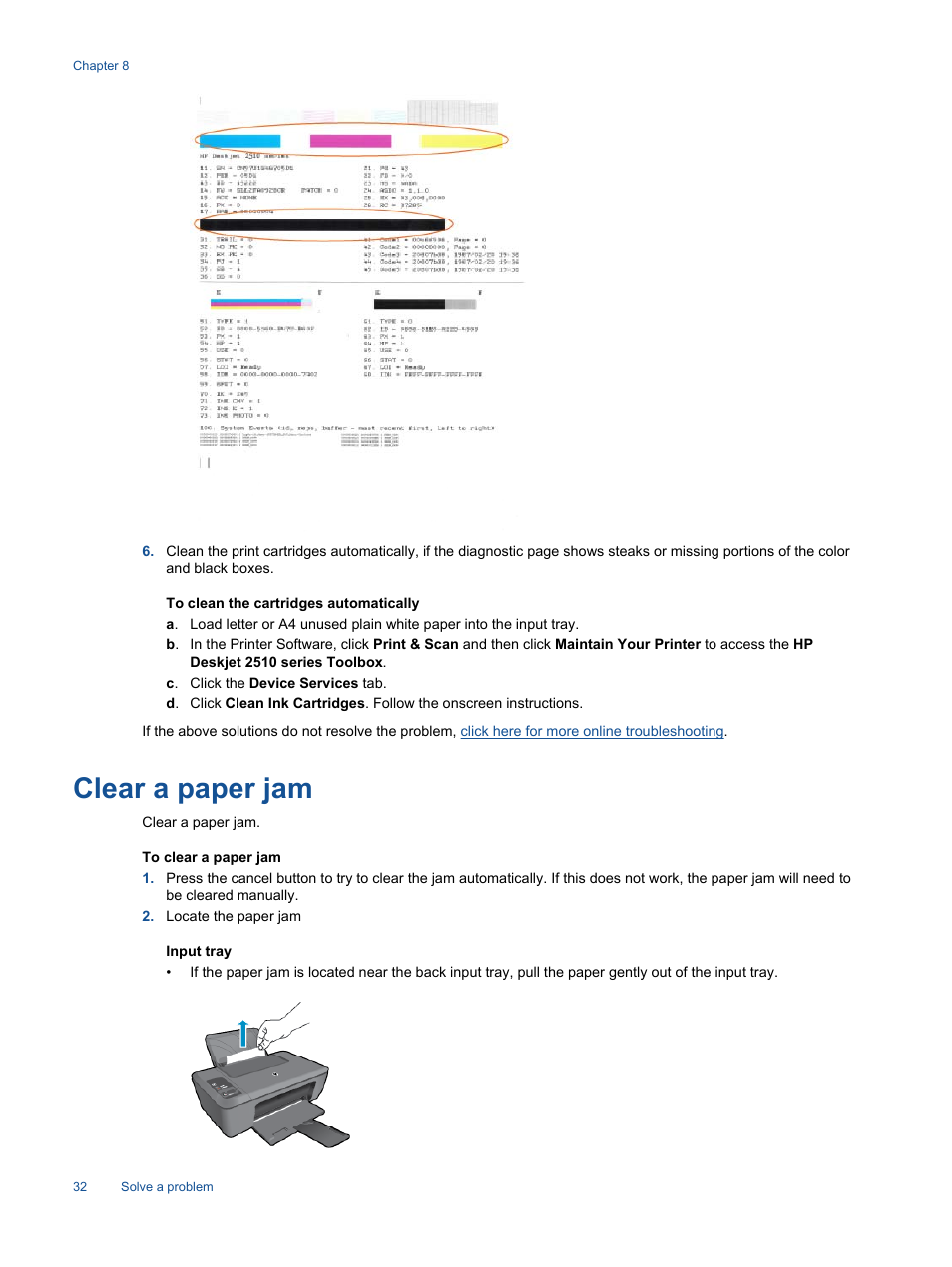 Clear a paper jam | HP Deskjet 2514 All-in-One Printer User Manual | Page 34 / 52