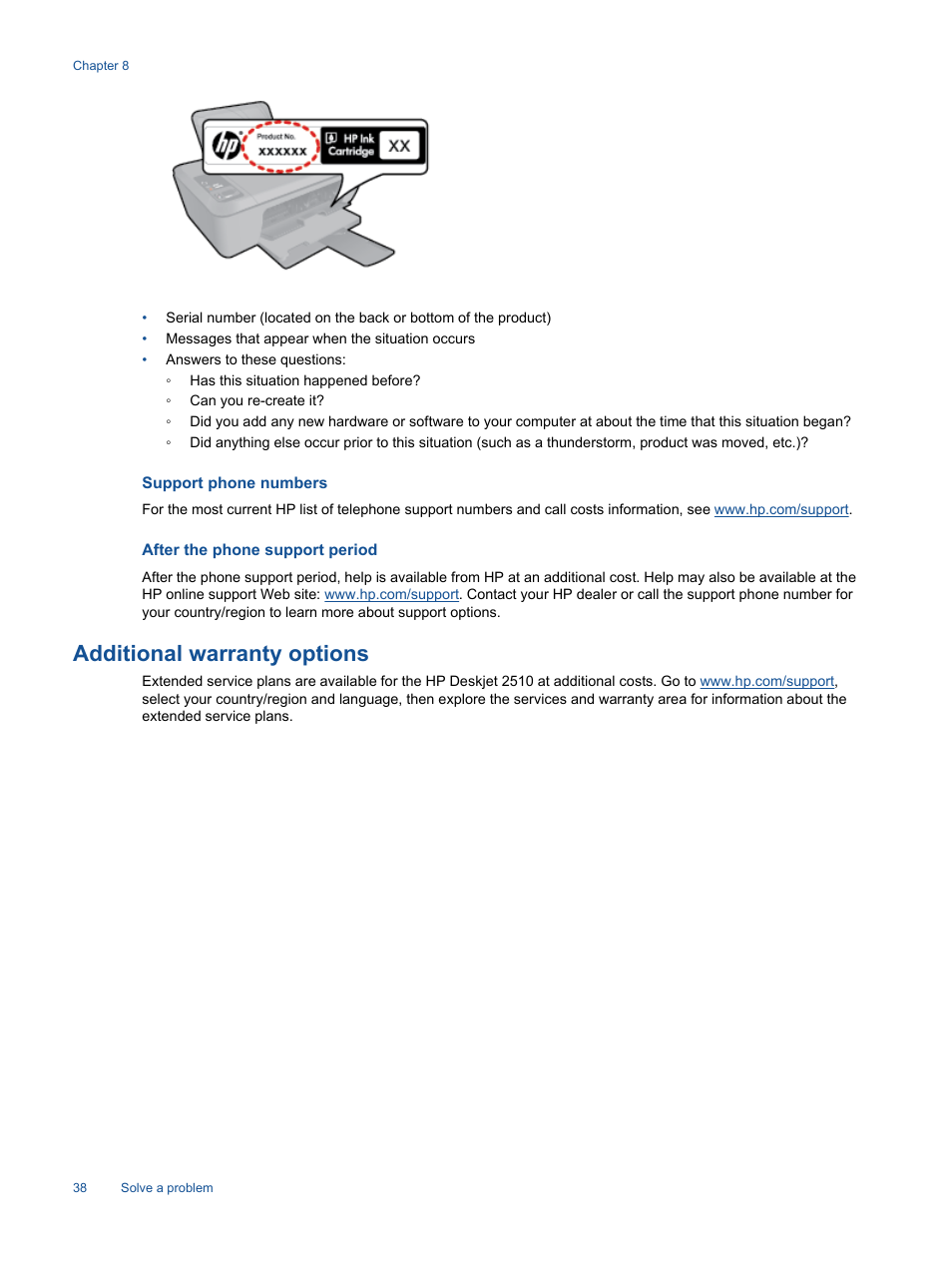 Support phone numbers, After the phone support period, Additional warranty options | HP Deskjet 2514 All-in-One Printer User Manual | Page 40 / 52