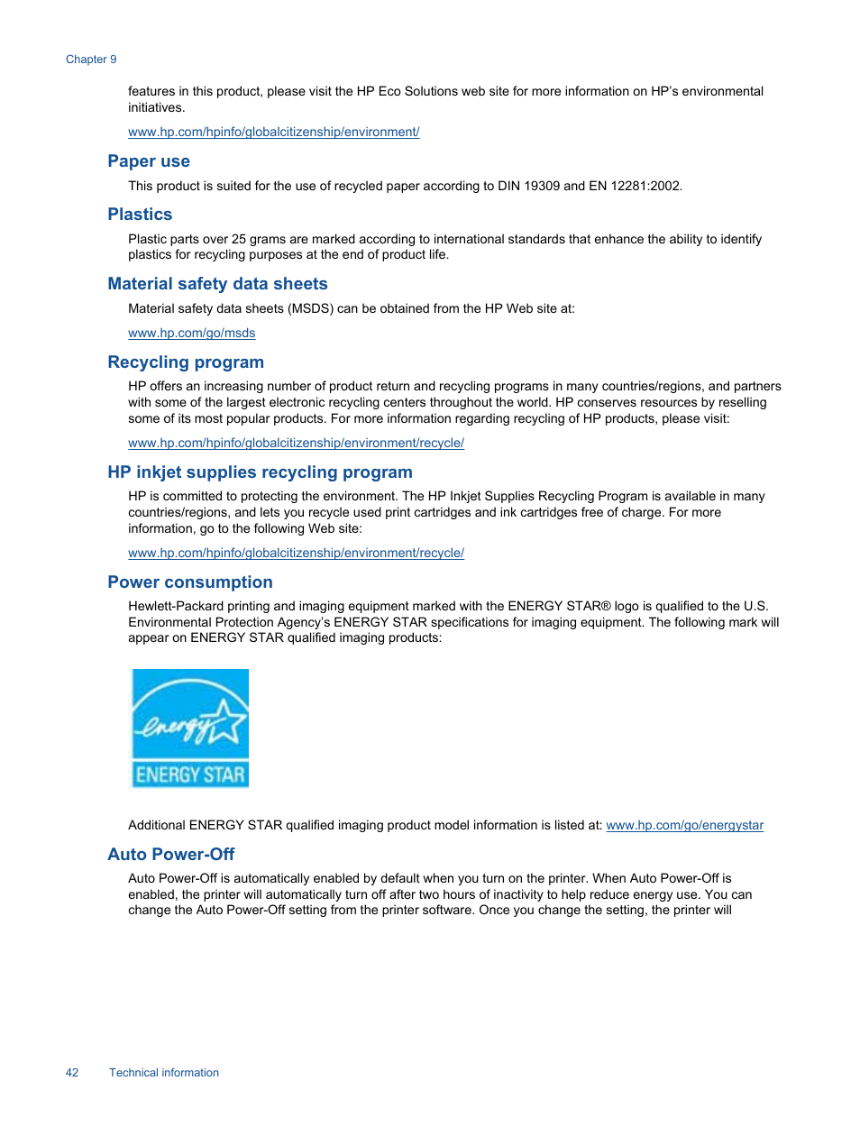 Paper use, Plastics, Material safety data sheets | Recycling program, Hp inkjet supplies recycling program, Power consumption, Auto power-off, Auto, Power-off | HP Deskjet 2514 All-in-One Printer User Manual | Page 44 / 52