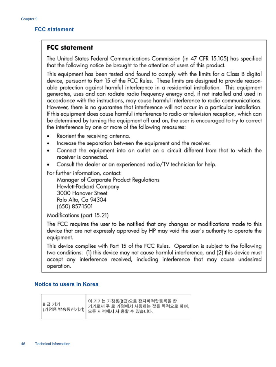 Fcc statement, Notice to users in korea, Fcc statement notice to users in korea | HP Deskjet 2514 All-in-One Printer User Manual | Page 48 / 52