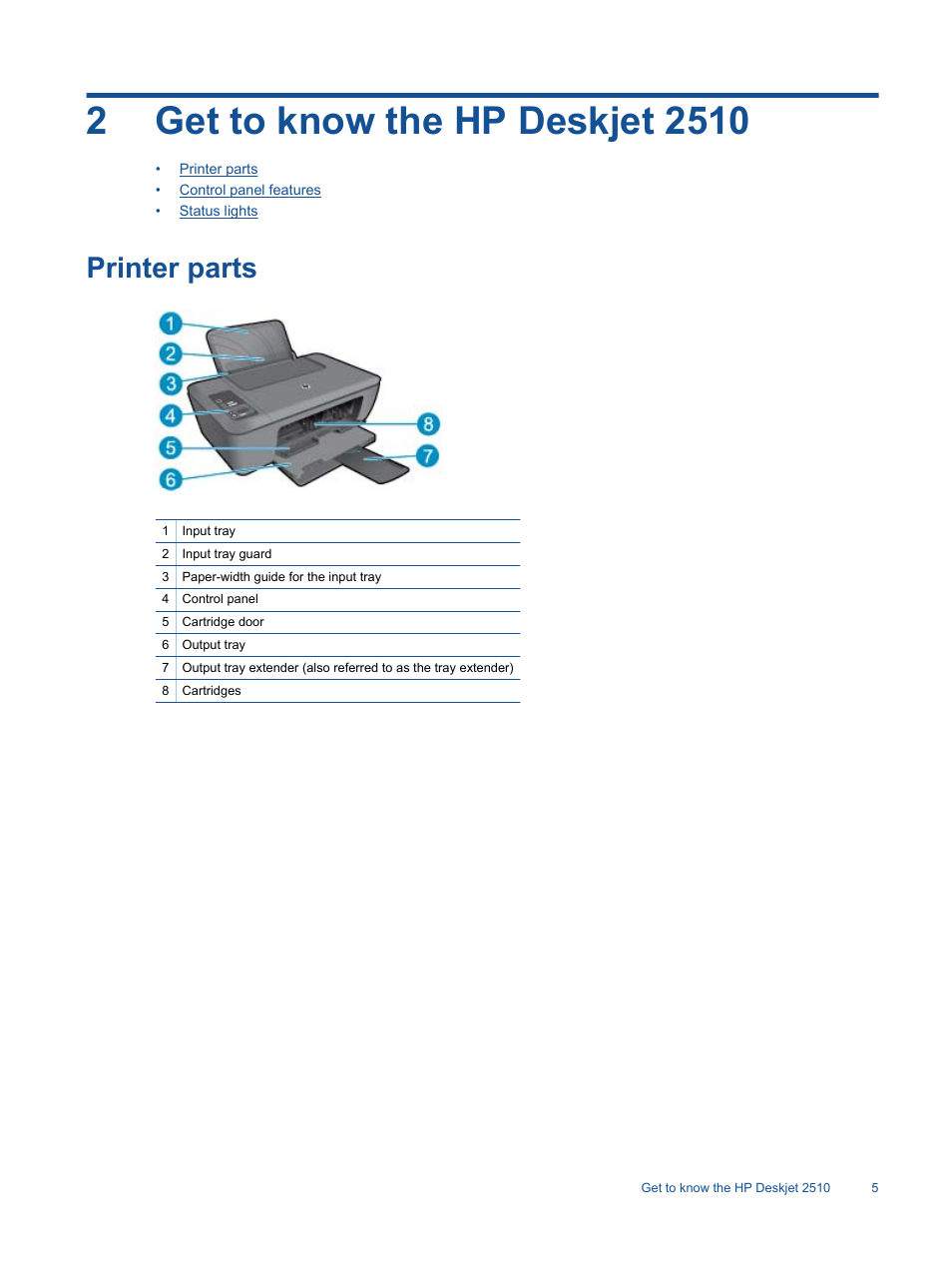Get to know the hp deskjet 2510, Printer parts, 2 get to know the hp deskjet 2510 | HP Deskjet 2514 All-in-One Printer User Manual | Page 7 / 52