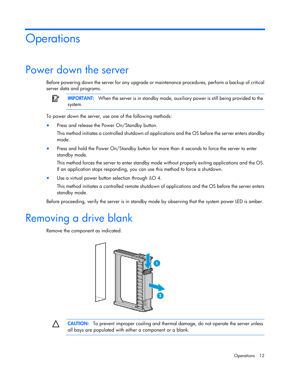 Operations, Power down the server, Removing a drive blank | HP ProLiant XL220a Gen8 v2-Server User Manual | Page 12 / 74