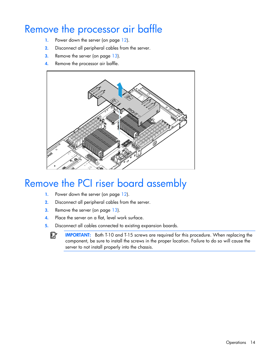 Remove the processor air baffle, Remove the pci riser board assembly | HP ProLiant XL220a Gen8 v2-Server User Manual | Page 14 / 74